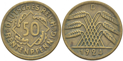 Германия 50 рентенпфеннигов 1924 D KM 34, J. 310 алюминиевая бронза 4127-311