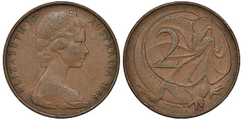 Австралия 2 цента 1966 Елизавета II (1952-), плащеносная ящерица KM 63 бронза 4556-1025