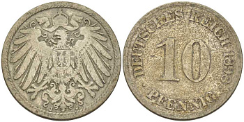 ГЕРМАНИЯ 10 ПФЕННИГОВ 1898 J KM 12, J. 13, Weege 8 медно-никель 261-1321