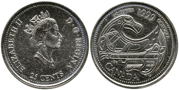 КАНАДА 25 ЦЕНТОВ 1999 СЕРИЯ МИЛЛЕНИУМ, ОКТЯБРЬ, ЕЛИЗАВЕТА II (1952-), ТРЕТИЙ ПОРТРЕТ В КОРОНЕ KM 351 никель UNC 4543-814