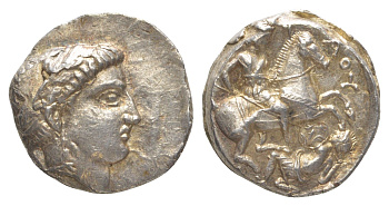Пеония тетрадрахма 335-315 гг. до н.э. Патрей, голова Аполлона/пеонийский всадник поражает поверженного врага, 12,65 гр, about extremely fine Paeonian Hoard 445-447 серебро 00-814-35