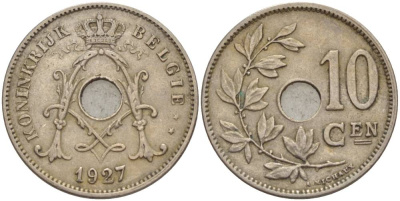 БЕЛЬГИЯ 10 САНТИМОВ 1927 BELGIE KM 86 медно-никель 4546-137