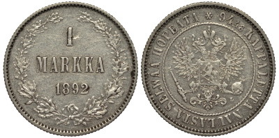 Россия для Финляндии 1 марка 1892 L, Александр III (1881-1894) KM 3.2, Биткин 231 серебро 413-4035