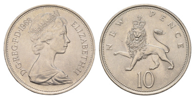 Великобритания 10 новых пенсов 1968 Елизавета II (1952-2022) KM 912, Spink 4231 (F1) медно-никель UNC 4675-644