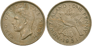 Новая Зеландия 1 пенни 1951 Георг VI (1936-1952), новозеландский туи KM 21 бронза 4536-416