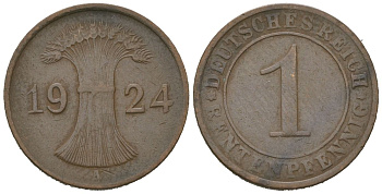 Германия 1 рентенпфенниг 1924 A KM 30 бронза 4615-228