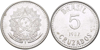 Бразилия 5 крузадо 1987 реформа (1986-1989) KM 606 нержавеющая сталь 65-315