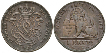 БЕЛЬГИЯ 1 САНТИМ 1907 BELGES KM 33.1 медь 44-128