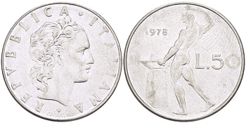 ИТАЛИЯ 50 ЛИР 1978 R, КУЗНЕЦ, ВУЛКАН БОГ ОГНЯ, ДИАМЕТР 25 ММ. KM 95.1 нержавеющая сталь 110-755