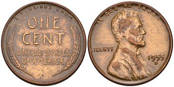 США 1 цент 1955 D KM А132 медь цинк    4115-313