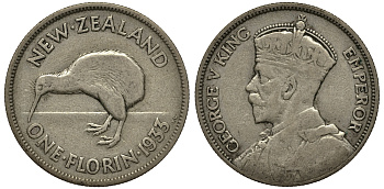 Новая Зеландия 1 флорин 1933 Георг V (1910-1936), птичка киви KM 4 серебро 272-1134