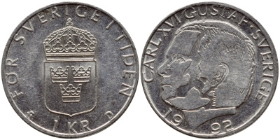 Швеция 1 крона 1992 Карл XVI Густав (1973- ) KM 852a медно-никель 4384-532