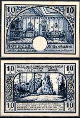 Штютцербах (Тюрингия) 10 пфеннигов 1921 редкая разновидность, не полный синий цвет Mehl Grabowski 1287.3-1/4 бумага UNC (пресс) 7555-54-2-1