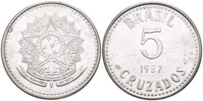 Бразилия 5 крузадо 1987 реформа (1986-1989) KM 606 нержавеющая сталь 65-315
