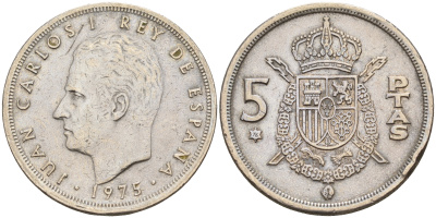 Испания 5 песет 1975 (76) Хуан Карлос I (1975-2014) KM 807 медно-никель    4143-225