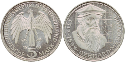 ФРГ 5 марок 1969 F, 375 лет со дня смерти Герарда Меркатора J. 400, KM 126.1 серебро aUNC 1529-231