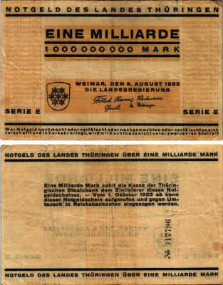 Германия, Тюрингия 1000000000 марок 1923 9 августа 1923, нотгельд, серия Е, желтая Keller 50  бумага   444-60-2-1
