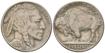 США 5 центов 1929 S, индеец, бизон KM 134 медно-никель 4614-1138