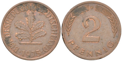 ФРГ 2 пфеннига 1975 D KM 106a сталь плакированная медью 4613-1219