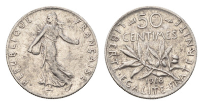 Франция 50 сантимов 1918 KM 854 серебро 4169-1229