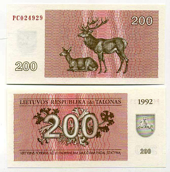 Литва 200 талонов 1992 олени, серия PC Pick 43a, Сергеев 35 бумага UNC (пресс) 445-68-2