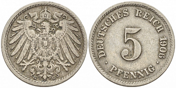 ГЕРМАНИЯ 5 ПФЕННИГОВ 1906 G, KM 11, J. 12 медно-никель 3955-645