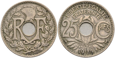 Франция 25 сантимов 1925 тип Lindauer KM 867а, Le Franc 171.9 медно-никель 4584-426