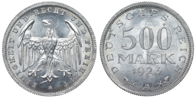 Германия 500 марок 1923 A KM 36, J. 305 алюминий 4123-216