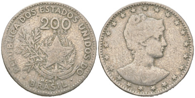 Бразилия 200 реалов 1901 MCMI, голова свободы вправо KM 504 медно-никель 4612-217