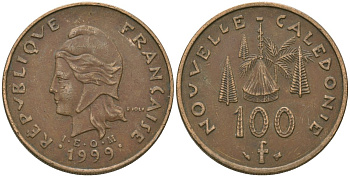 Французская Новая Каледония 100 франков 1999 хижина среди сосен и пальм, (IEOM) KM 15, Schoen 16, Lec 139c никель бронза 88-1233