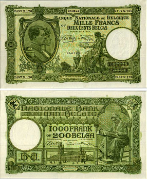 БЕЛЬГИЯ 1000 ФРАНКОВ = 200 БЕЛГА 1944 8 ФЕВРАЛЯ 1944, ПРТРЕТ КОРОЛЯ АЛЬБЕРТА И КОРОЛЕВЫ ЕЛИЗАВЕТЫ Pick 110 бумага XF-UNC 8607-89-1