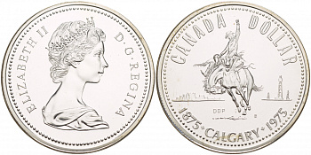 Канада 1 доллар 1975 100 лет Калгари (1875-1975), родео на лошадях, ковбой KM 97 серебро UNC 11-225-44