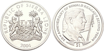 Сьерра-Леоне 1 доллар 2004 20 лет второму сроку Рональда Рейгана KM 300 медно-никель BU 4368-1135