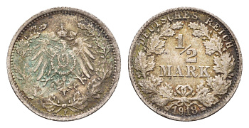 Германия 1/2 марки 1918 F KM 14, J. 17 серебро 4164-1058
