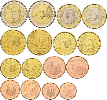 Испания евронабор из 8 монет 2012 1, 2, 5, 10, 20, 50 евроцентов, 1 и 2 евро KM 1040, 1041, 1042, 1070, 1071, 1072, 1073, 1074 UNC 183-631