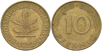 ФРГ 10 пфеннигов 1972 G KM 108 сталь плакированная латунью 4126-535