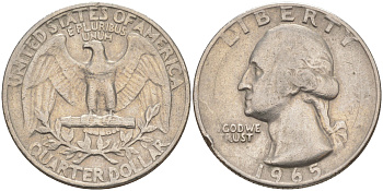 США 25 центов (квотер) 1965 Вашингтон KM 164a медь плакированная медно-никелем 08-435