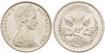 АВСТРАЛИЯ 5 ЦЕНТОВ 1983 ЕЛИЗАВЕТА II, МОЛОДОЙ ПОРТРЕТ, ЕХИДНА KM 64 медно-никель UNC 3851-1135