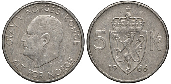 Норвегия 5 крон 1966 Улаф V (1958-1991) KM 412 медно-никель 81-816