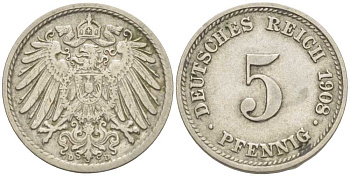 Германия 5 пфеннигов 1908 D KM 11, Jager 12, Weege 6 медно-никель 105-134