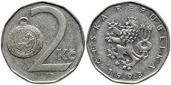 Чехия 2 кроны 1993 KM 9 сталь плакированная никелем 4397-354