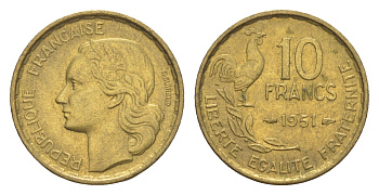 Франция 10 франков 1951 KM 915 алюминиевая бронза UNC 83-732