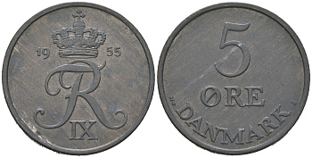 Дания 5 эре 1955 N; S, Фредерик IX (1947-1972) KM 843 цинк aUNC 4536-343