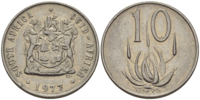 ЮАР 10 ЦЕНТОВ 1977 ГЕРБ, ЦВЕТОК АЛОЭ KM 85 никель 67-417