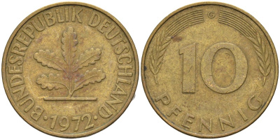 ФРГ 10 пфеннигов 1972 G KM 108 сталь плакированная латунью 4126-535