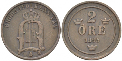 Швеция 2 эре 1895 Оскар II (1872-1907) король Швеции и Норвегии KM 746 бронза 4402-316