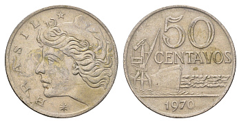 Бразилия 50 сентаво 1970 KM 580a медно-никель 4688-154