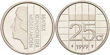 Нидерланды 25 центов 1999 Беатрикс (1980-2013) KM 204 никель UNC 4588-939