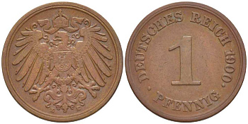 ГЕРМАНИЯ 1 ПФЕННИГ 1900 E KM 10, J. 10, Weege 2 медь 211-247