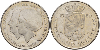 Нидерланды 2 1/2 гульдена 1980 коронация Беатрикс, 30 апреля 1980 KM 201 никель 32-1221
